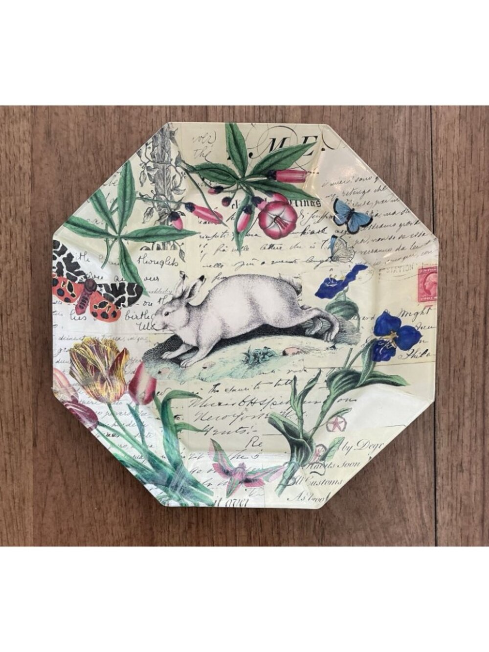 John Derian Rabbit Botanical Octagon Plates Pair Easter Decoupage Glass 10" - Picture 2 of 12